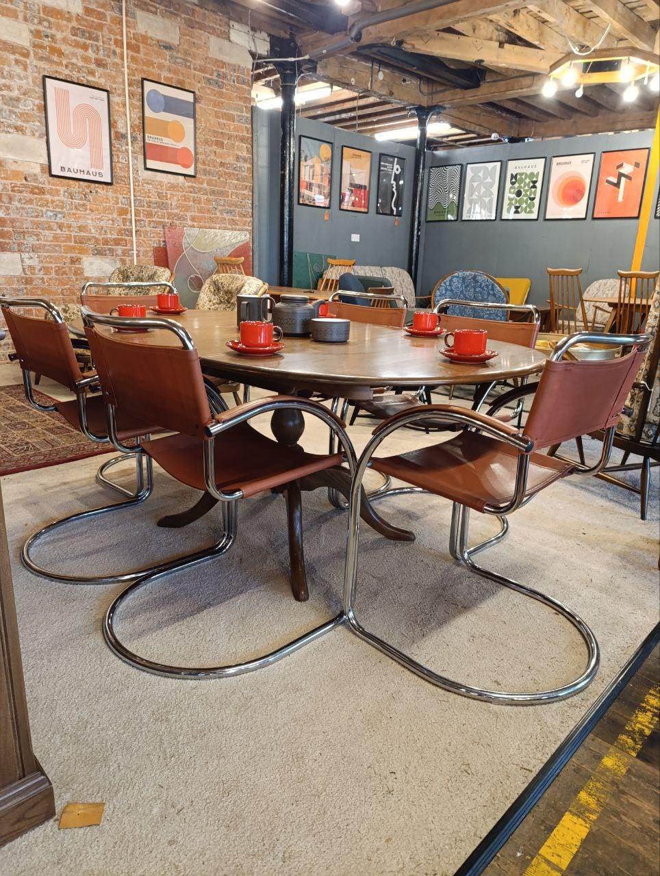 Ercol Extending Dining Table & 6 Bauhaus Cantilever Chairs - Unique Vintage Set