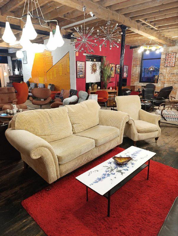 Sleigh Back Sofa & Armchairs - 3 Piece Suite - Cream Corduroy - Victorian Style