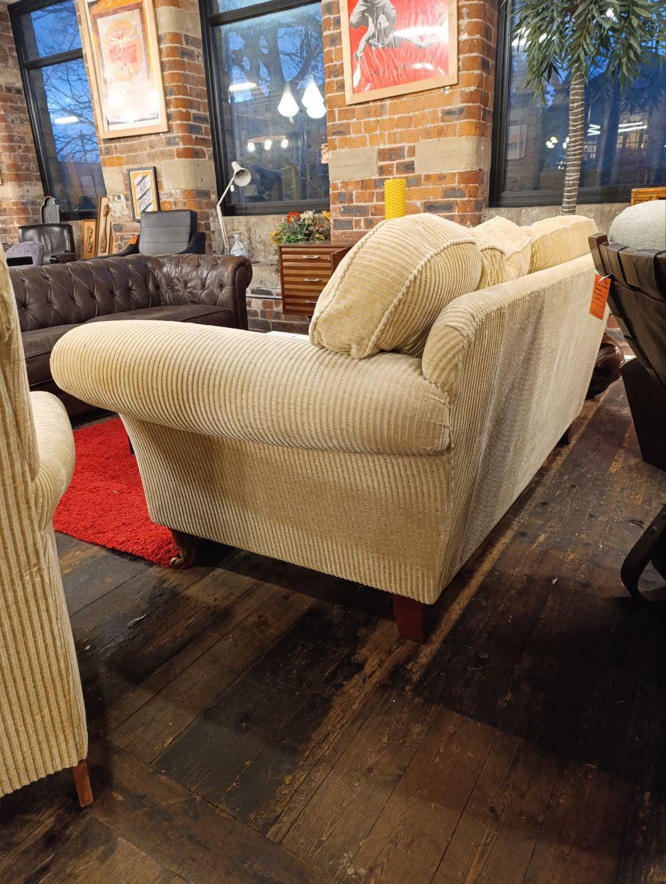 Sleigh Back Sofa & Armchairs - 3 Piece Suite - Cream Corduroy - Victorian Style