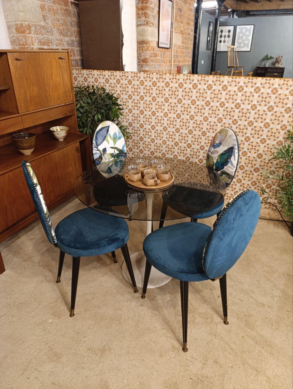 Vintage 1970s Glass & Tulip Dining Table with 4 Retro Chairs