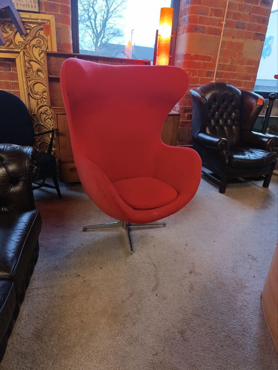 Mid-Century Modern Egg Chair - Red Wool Upholstery, Swivel Base, 1960s Design