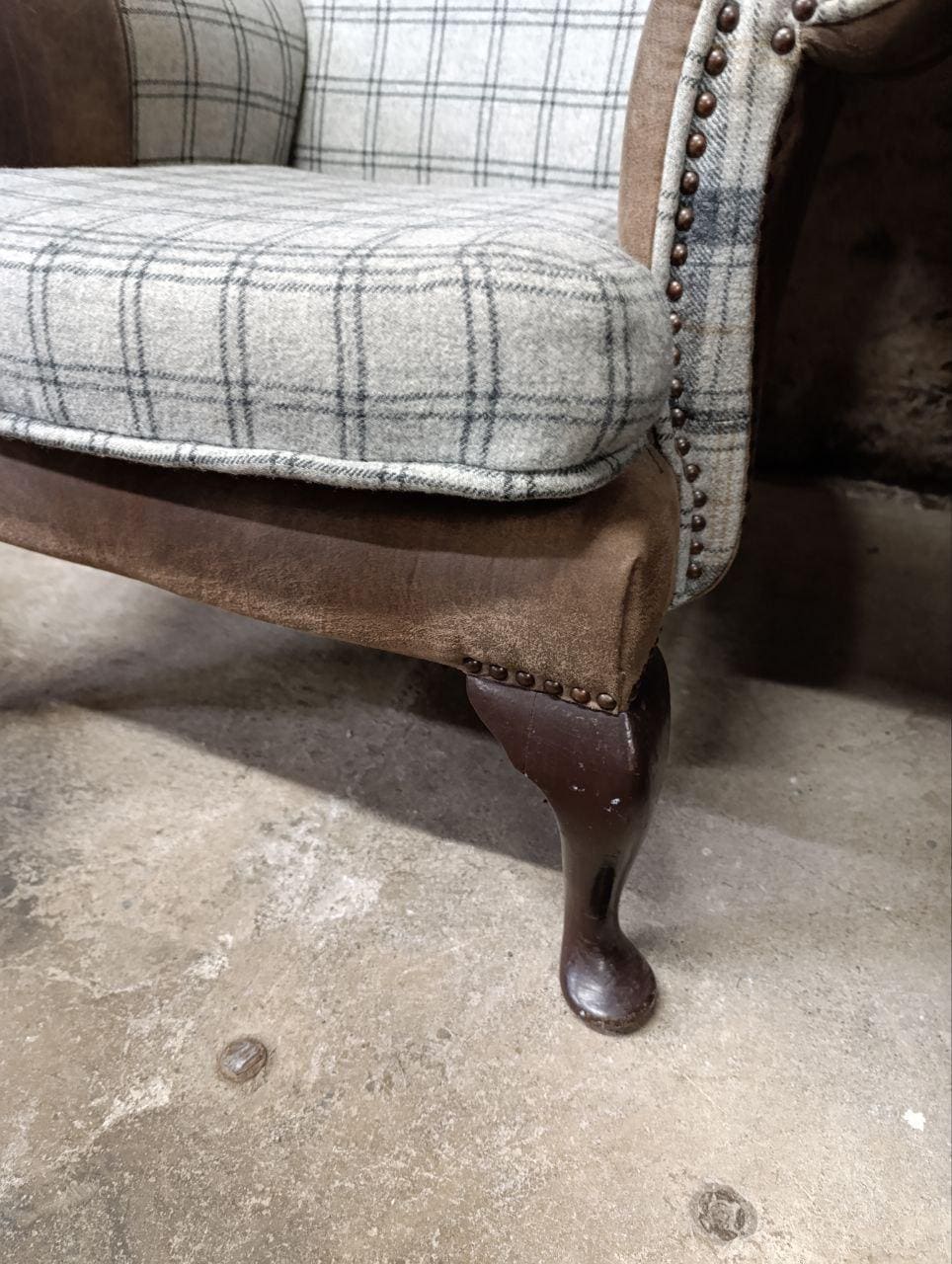 Victorian Style Chesterfield Wingback Armchair - Suede & Wool Tweed