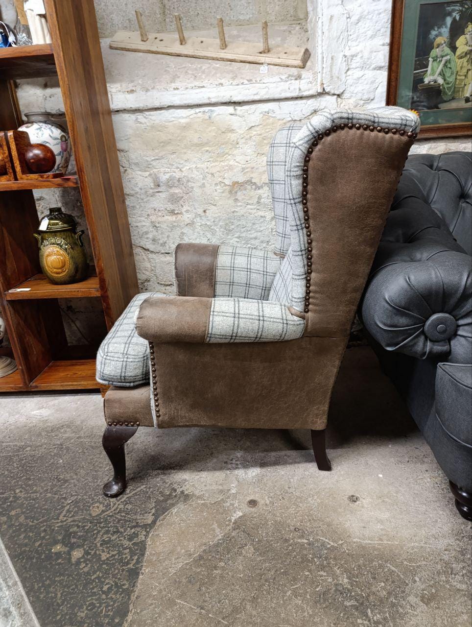 Victorian Style Chesterfield Wingback Armchair - Suede & Wool Tweed