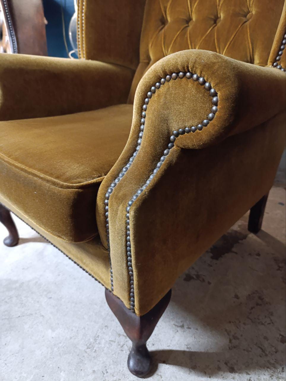 Chesterfield Queen Anne High Back Wing Chair - Vintage Brown Velvet