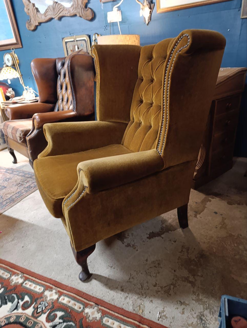 Chesterfield Queen Anne High Back Wing Chair - Vintage Brown Velvet