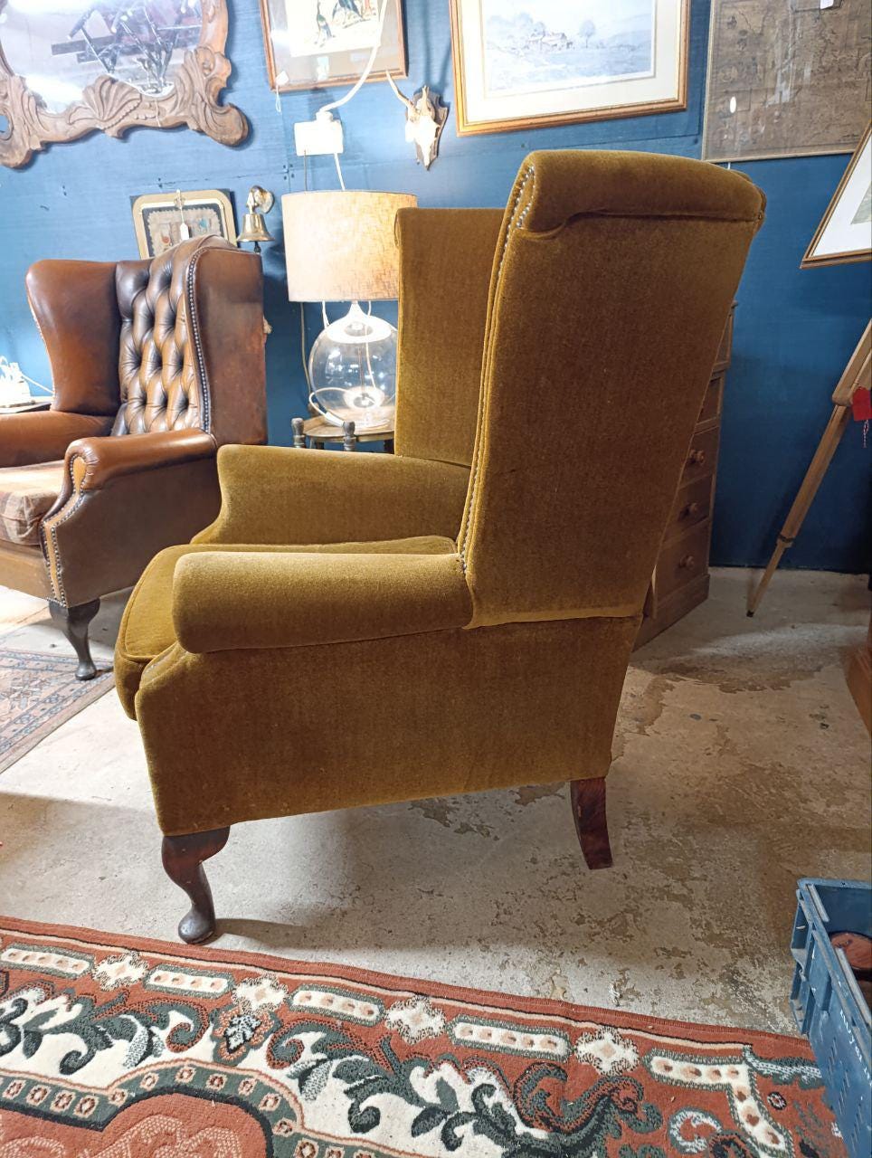 Chesterfield Queen Anne High Back Wing Chair - Vintage Brown Velvet