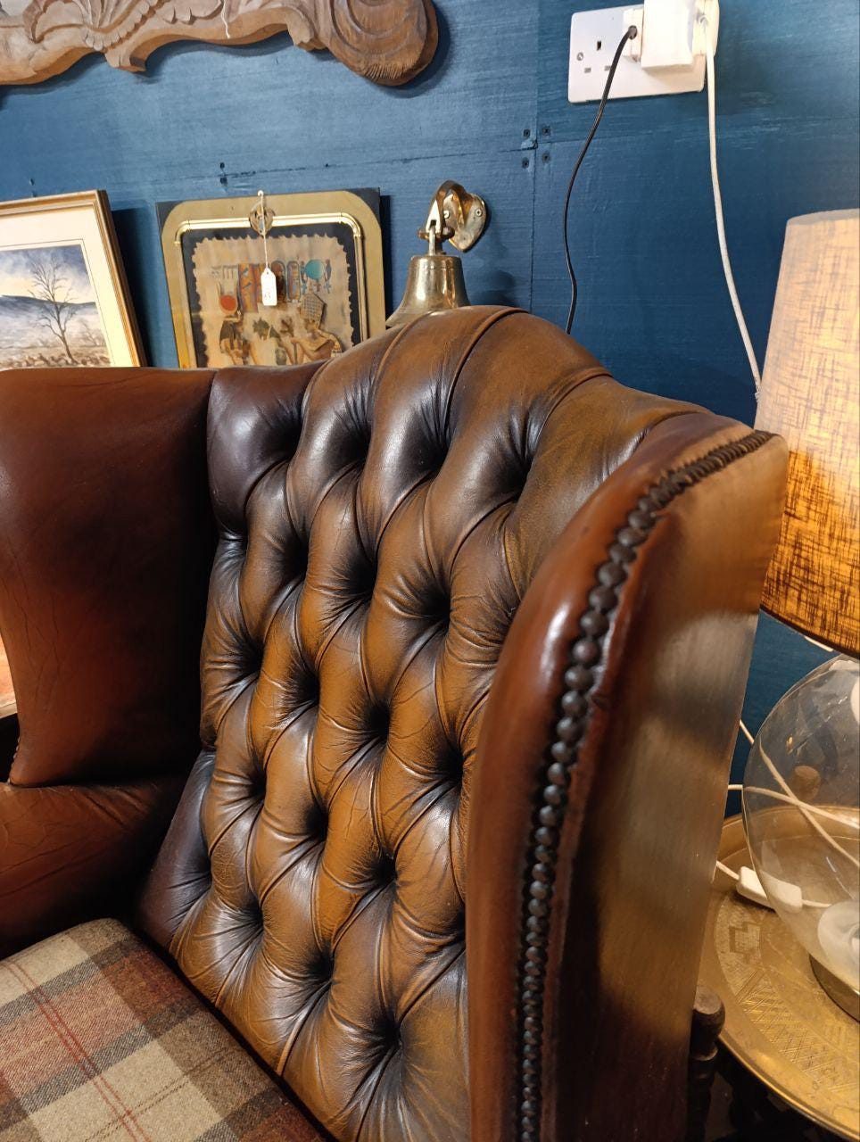 Vintage Victorian Design Chesterfield Wingback Armchair - Leather & Wool Tweed
