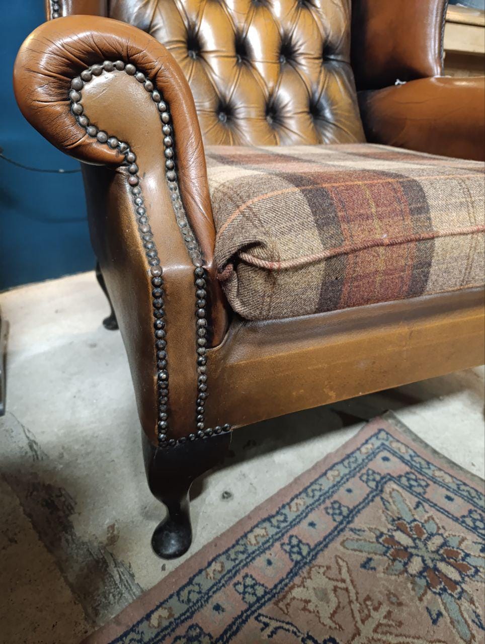 Vintage Victorian Design Chesterfield Wingback Armchair - Leather & Wool Tweed