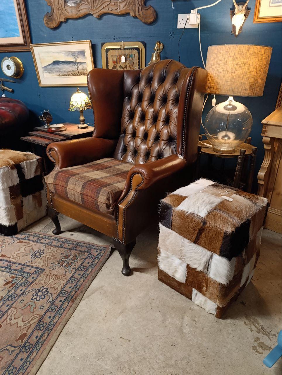 Vintage Victorian Design Chesterfield Wingback Armchair - Leather & Wool Tweed