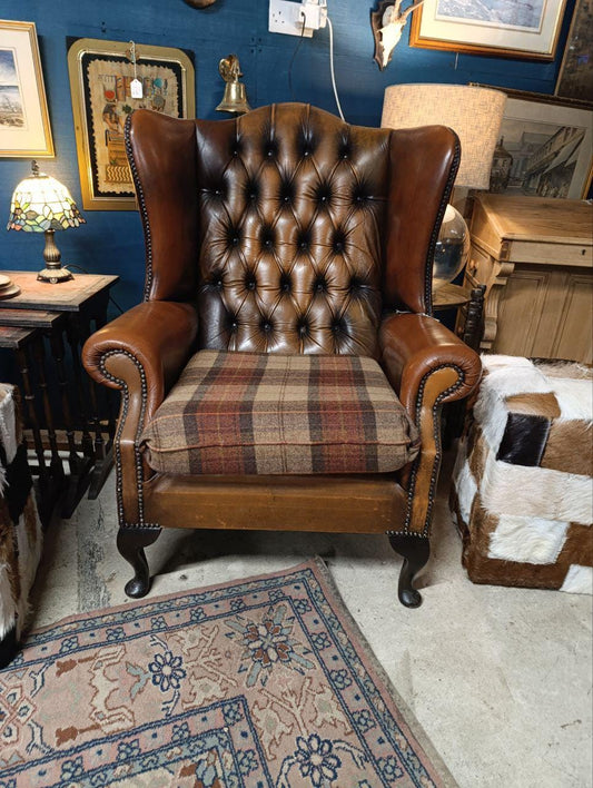 Vintage Victorian Design Chesterfield Wingback Armchair - Leather & Wool Tweed