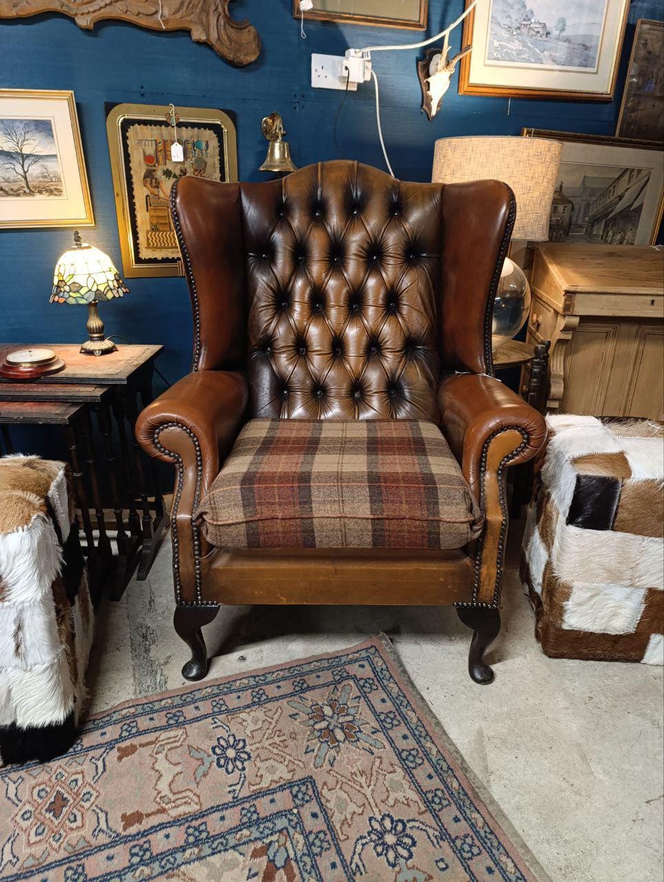 Vintage Victorian Design Chesterfield Wingback Armchair - Leather & Wool Tweed