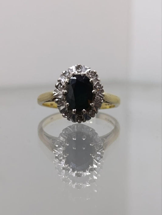 Vintage 18ct Yellow Gold Sapphire and Diamond Cluster Ring - 1975, Size O, Birmingham Hallmark