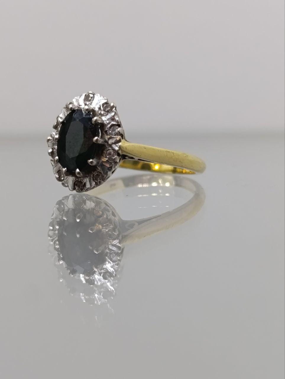 Vintage 18ct Yellow Gold Sapphire and Diamond Cluster Ring - 1975, Size O, Birmingham Hallmark