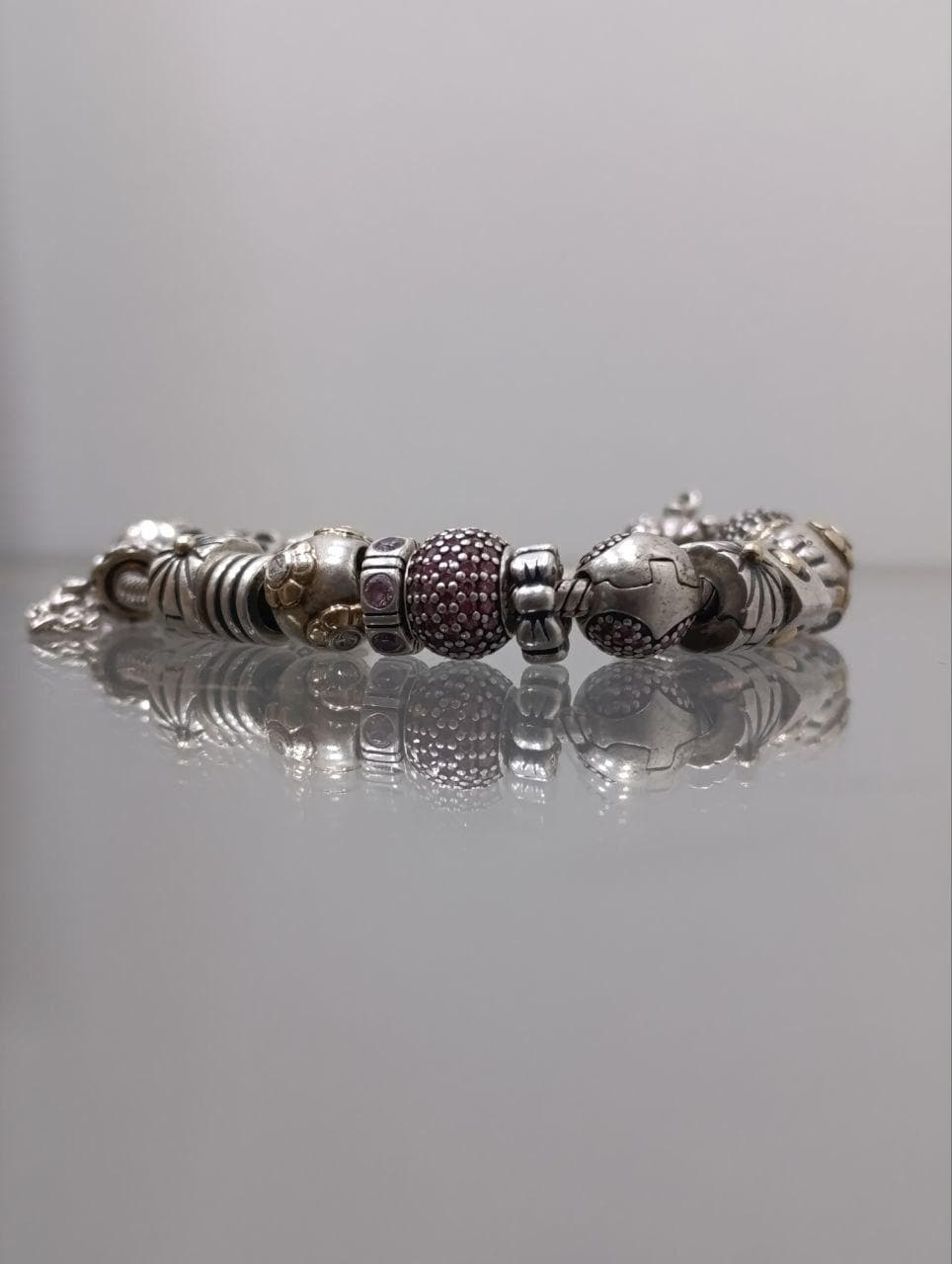 Pandora Silver Bracelet with 17 Charms - Amethyst and Cubic Zirconia, 7.5 Inches, 925 Silver