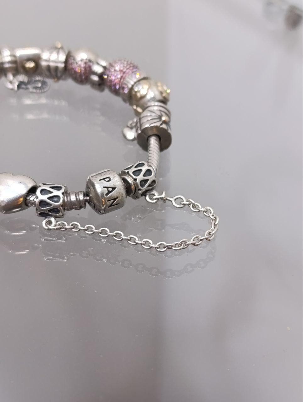 Pandora Silver Bracelet with 17 Charms - Amethyst and Cubic Zirconia, 7.5 Inches, 925 Silver
