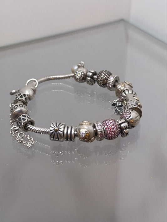 Pandora Silver Bracelet with 17 Charms - Amethyst and Cubic Zirconia, 7.5 Inches, 925 Silver