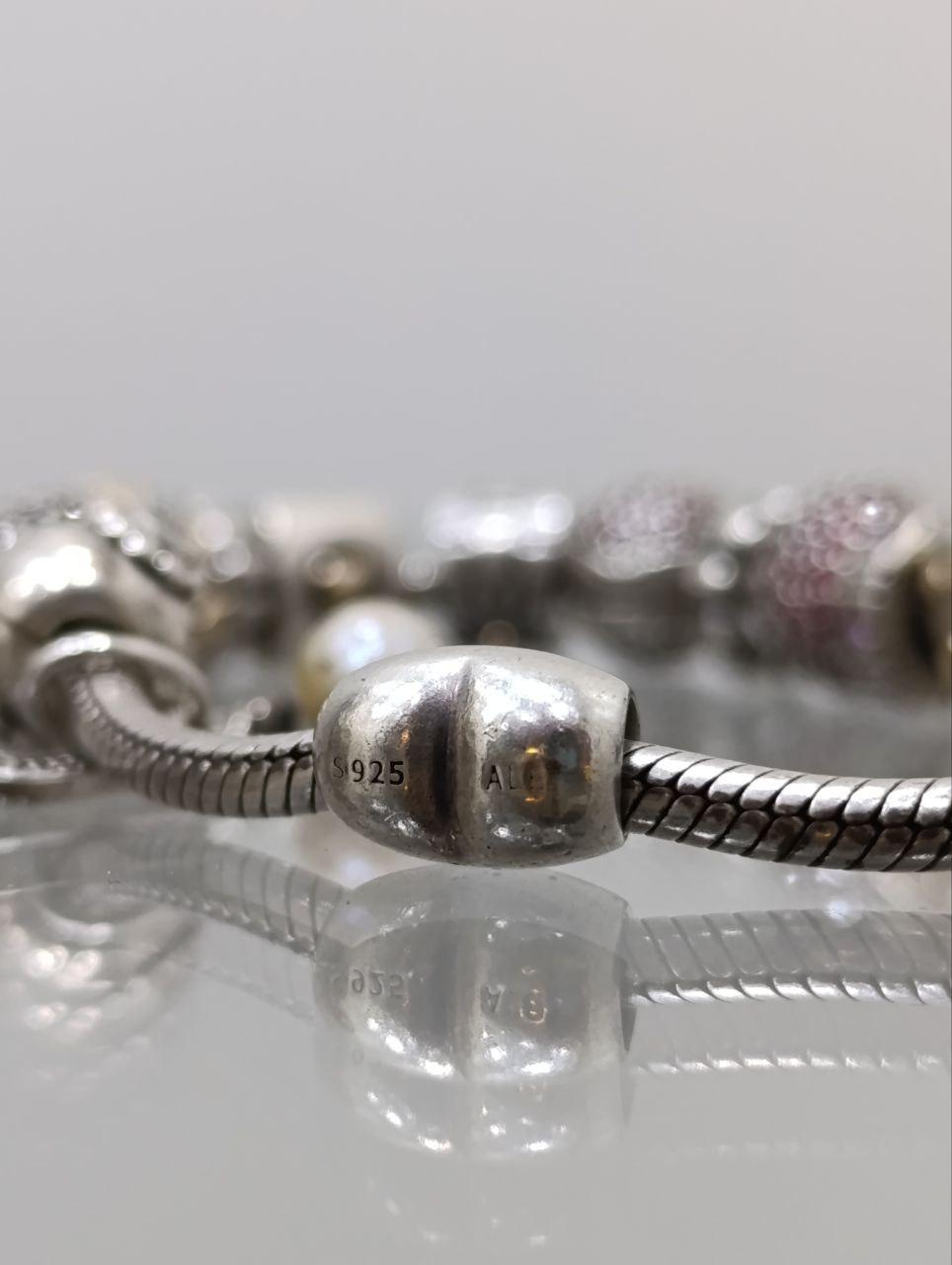 Pandora Silver Bracelet with 17 Charms - Amethyst and Cubic Zirconia, 7.5 Inches, 925 Silver