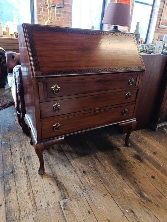 Edwardian Mahogany Bureau - Handmade, Drop-Down Secretary Front, Queen Anne Legs