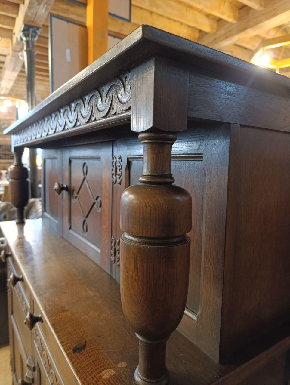 Early 20th Century Oak Carved Court Cupboard - Gothic Style, Linen Fold Carving, Iron Fittings