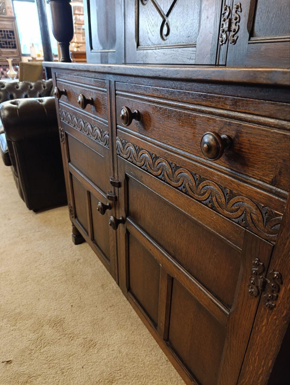 Early 20th Century Oak Carved Court Cupboard - Gothic Style, Linen Fold Carving, Iron Fittings