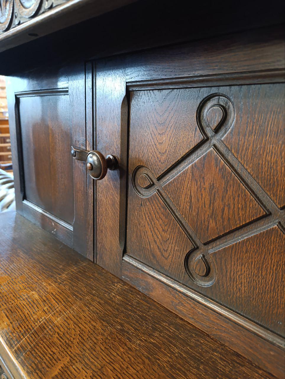 Early 20th Century Oak Carved Court Cupboard - Gothic Style, Linen Fold Carving, Iron Fittings