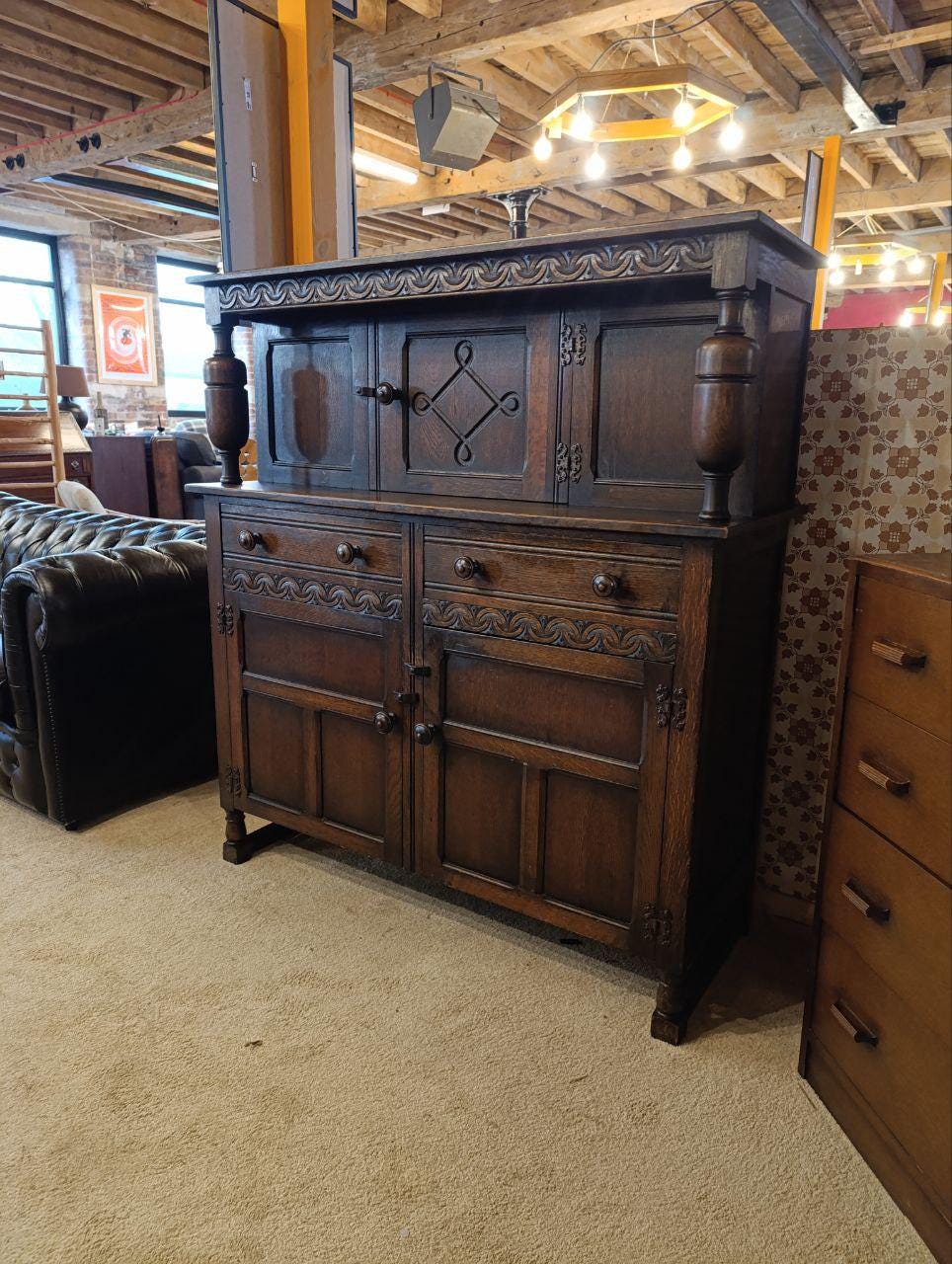 Early 20th Century Oak Carved Court Cupboard - Gothic Style, Linen Fold Carving, Iron Fittings