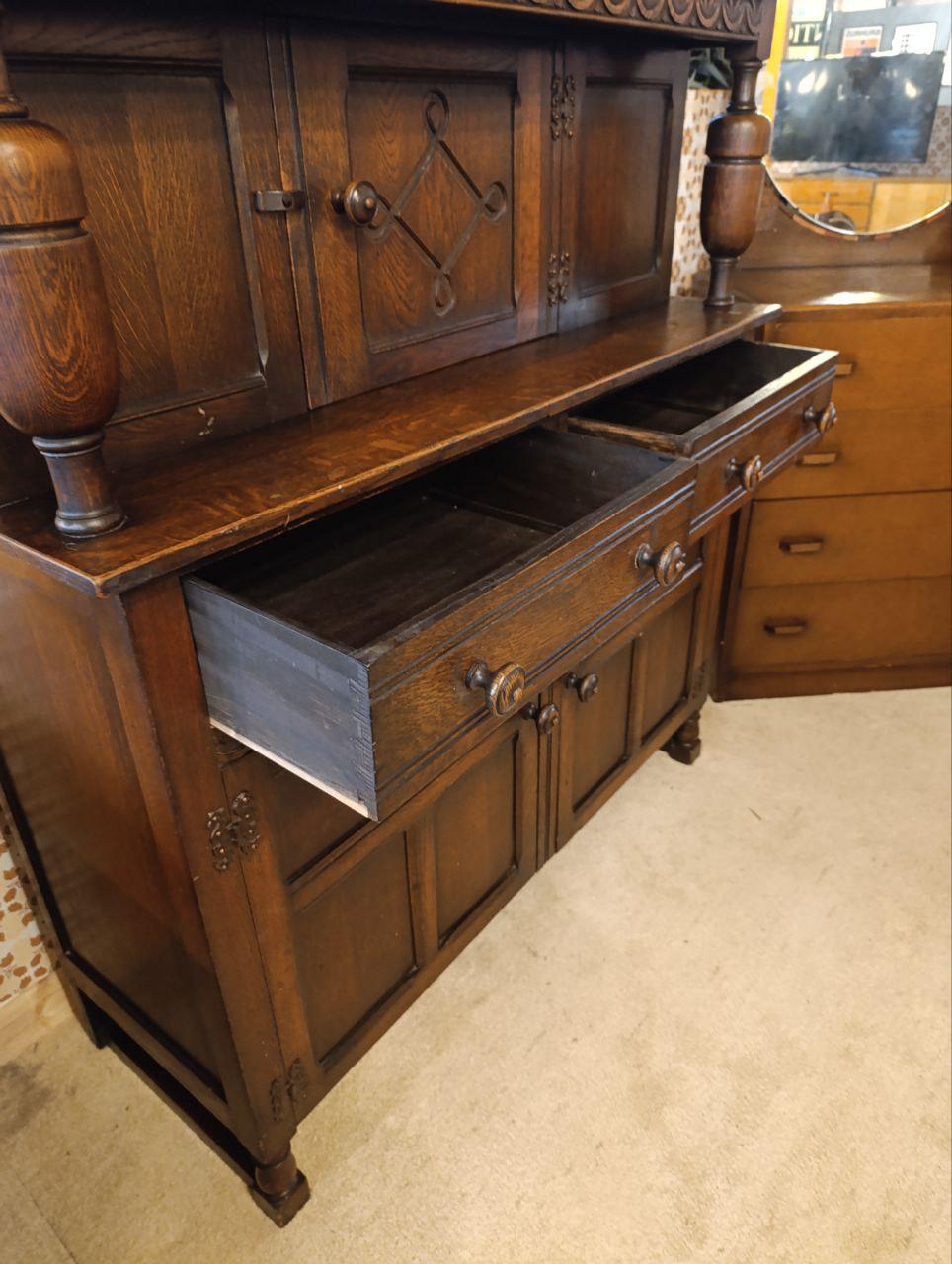 Early 20th Century Oak Carved Court Cupboard - Gothic Style, Linen Fold Carving, Iron Fittings