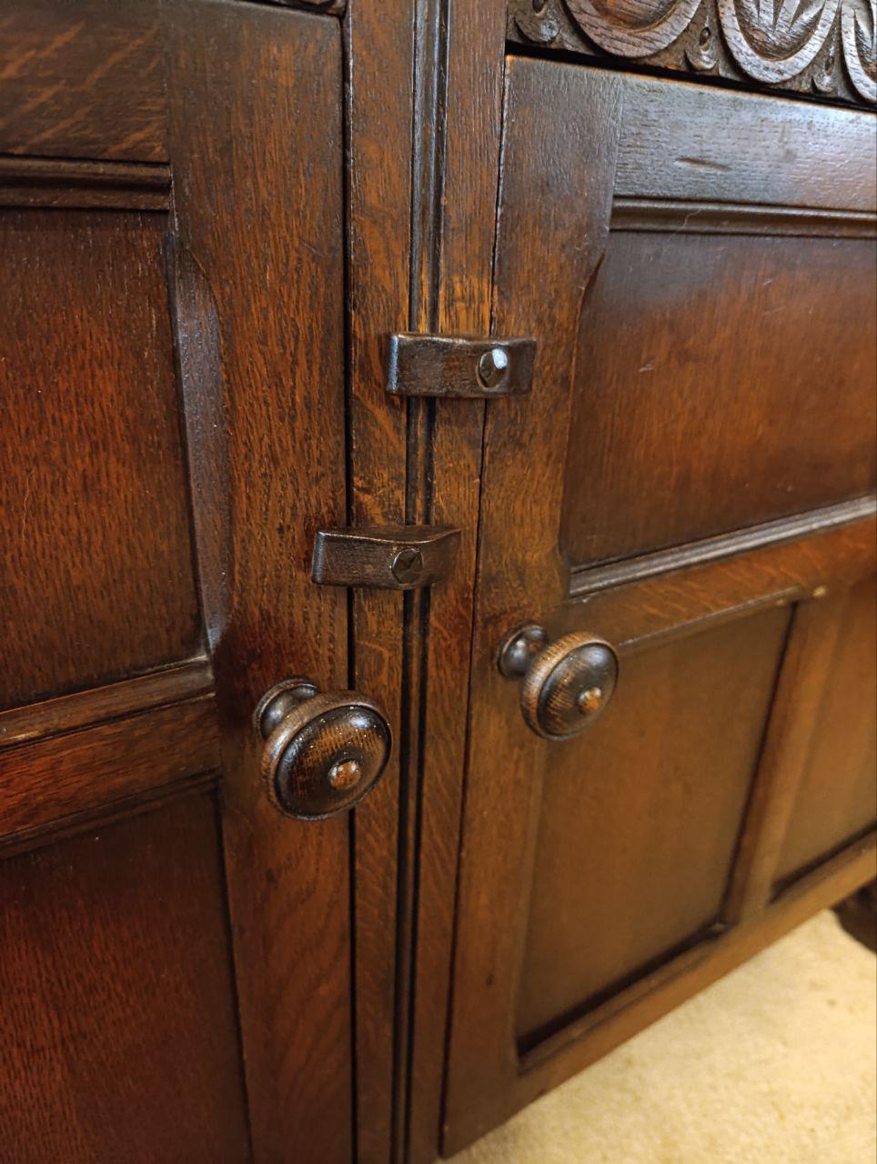 Early 20th Century Oak Carved Court Cupboard - Gothic Style, Linen Fold Carving, Iron Fittings