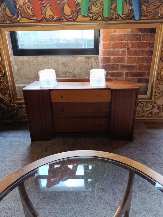 Compact Mid-Century Sideboard by Austinsuite - Birch and Rosewood, Brass Handles, 114.5cm Wide