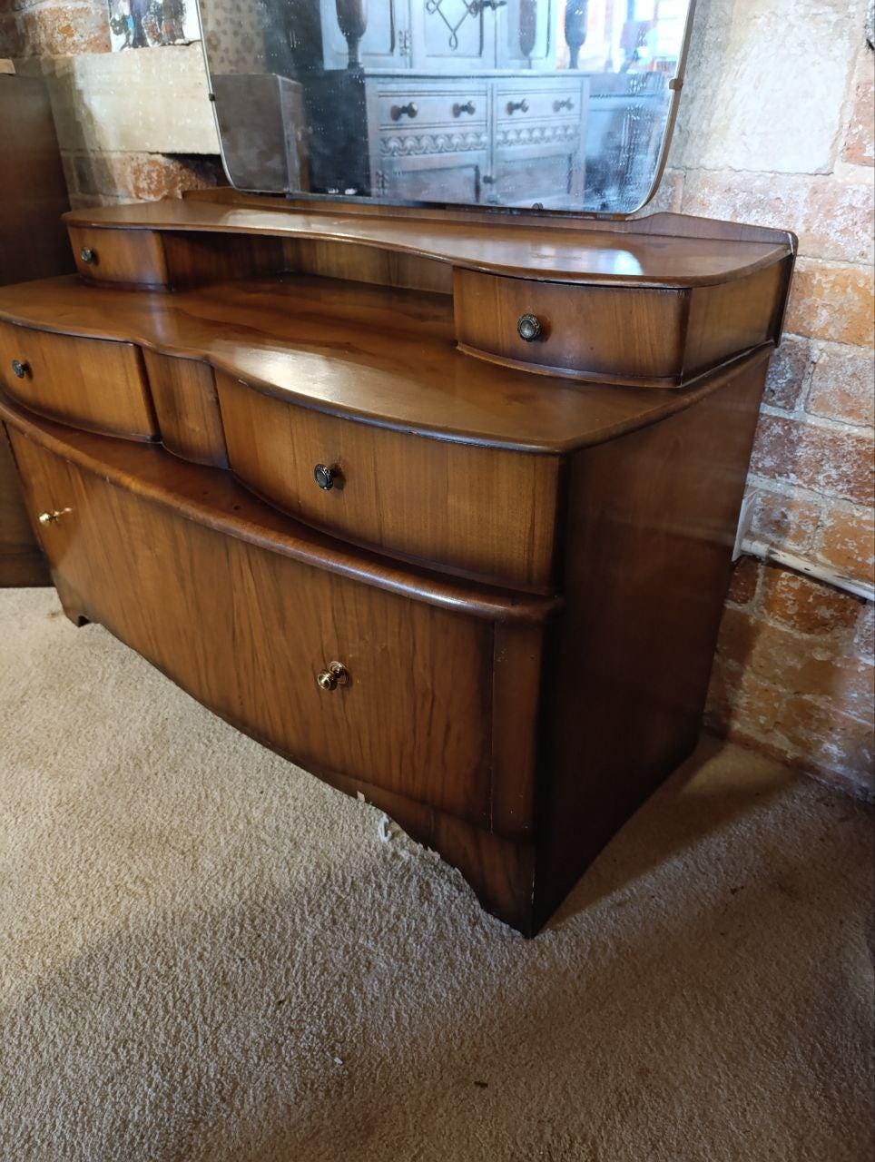 1950s Art Deco Walnut Burl Dressing Table with Mirror - Beautility, Three-Tier Drawers