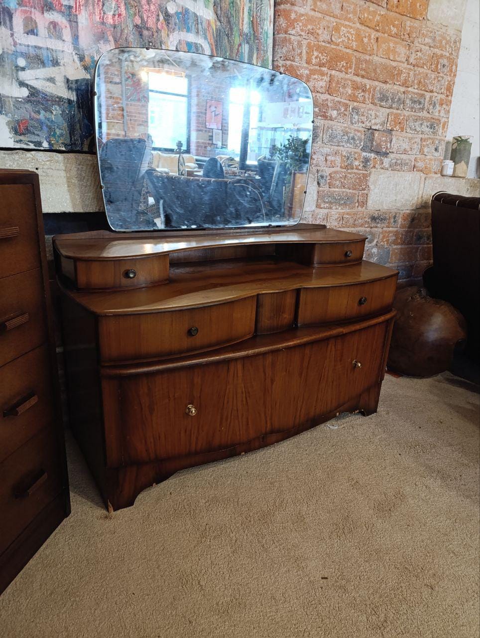 1950s Art Deco Walnut Burl Dressing Table with Mirror - Beautility, Three-Tier Drawers