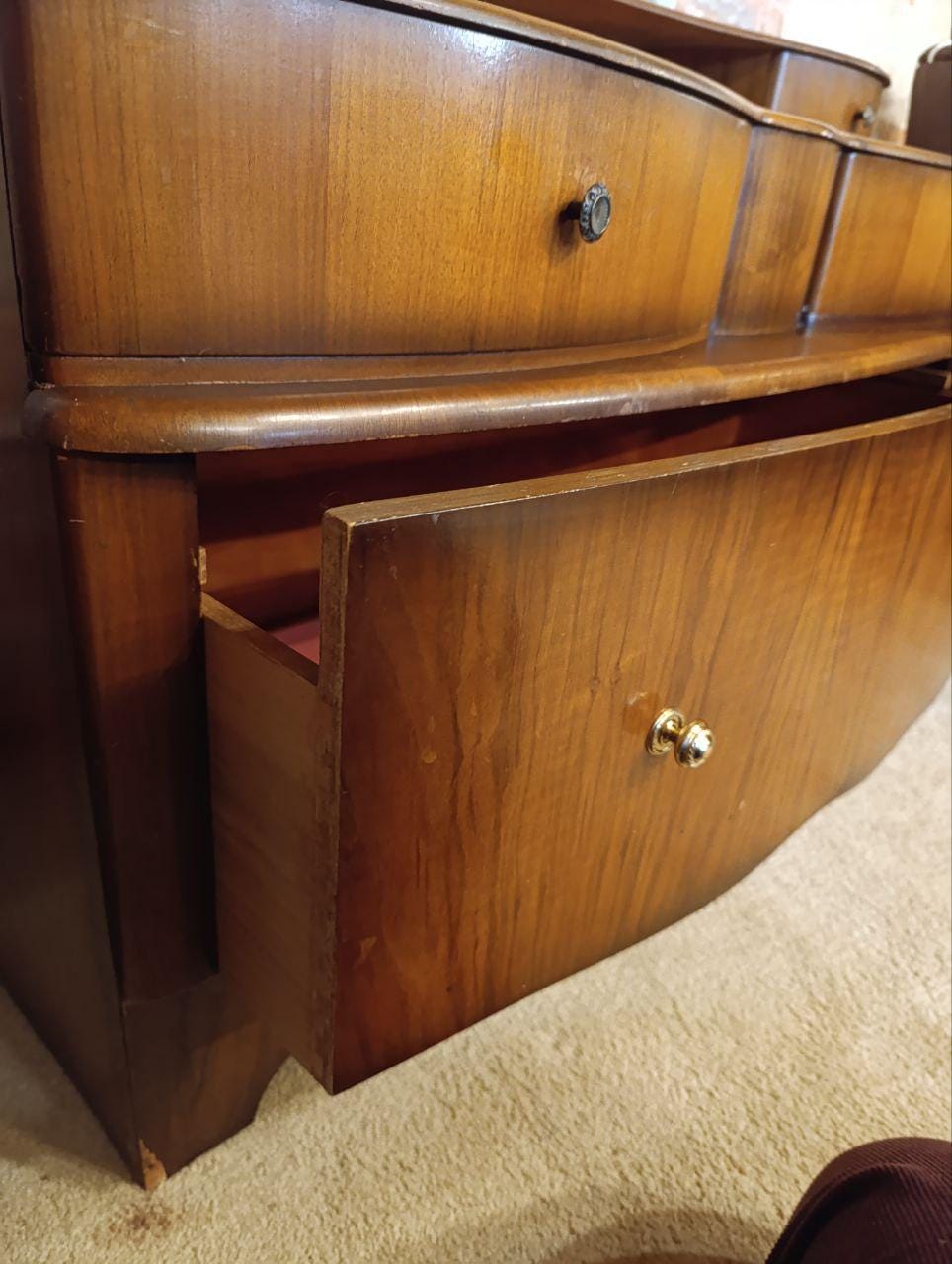 1950s Art Deco Walnut Burl Dressing Table with Mirror - Beautility, Three-Tier Drawers