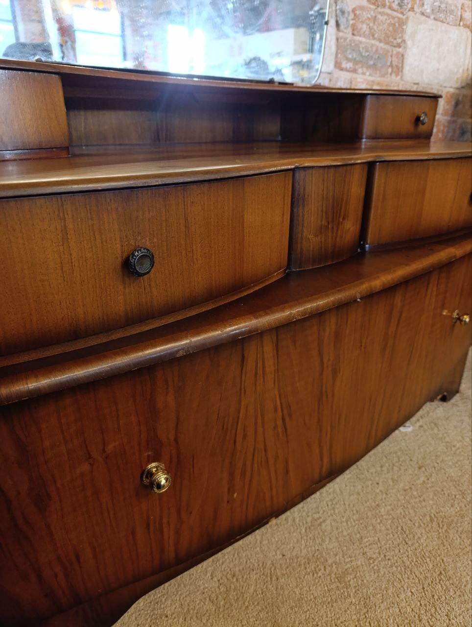 1950s Art Deco Walnut Burl Dressing Table with Mirror - Beautility, Three-Tier Drawers