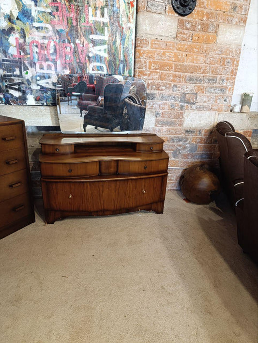 1950s Art Deco Walnut Burl Dressing Table with Mirror - Beautility, Three-Tier Drawers