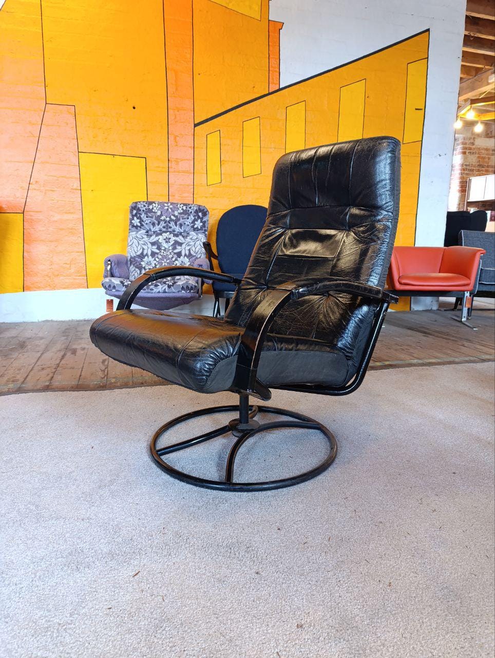 1980s Vintage Ekornes Leather Armchair and Footstool - Black, Recliner, Swivel, Norwegian Design