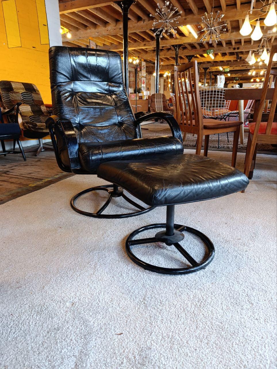 1980s Vintage Ekornes Leather Armchair and Footstool - Black, Recliner, Swivel, Norwegian Design
