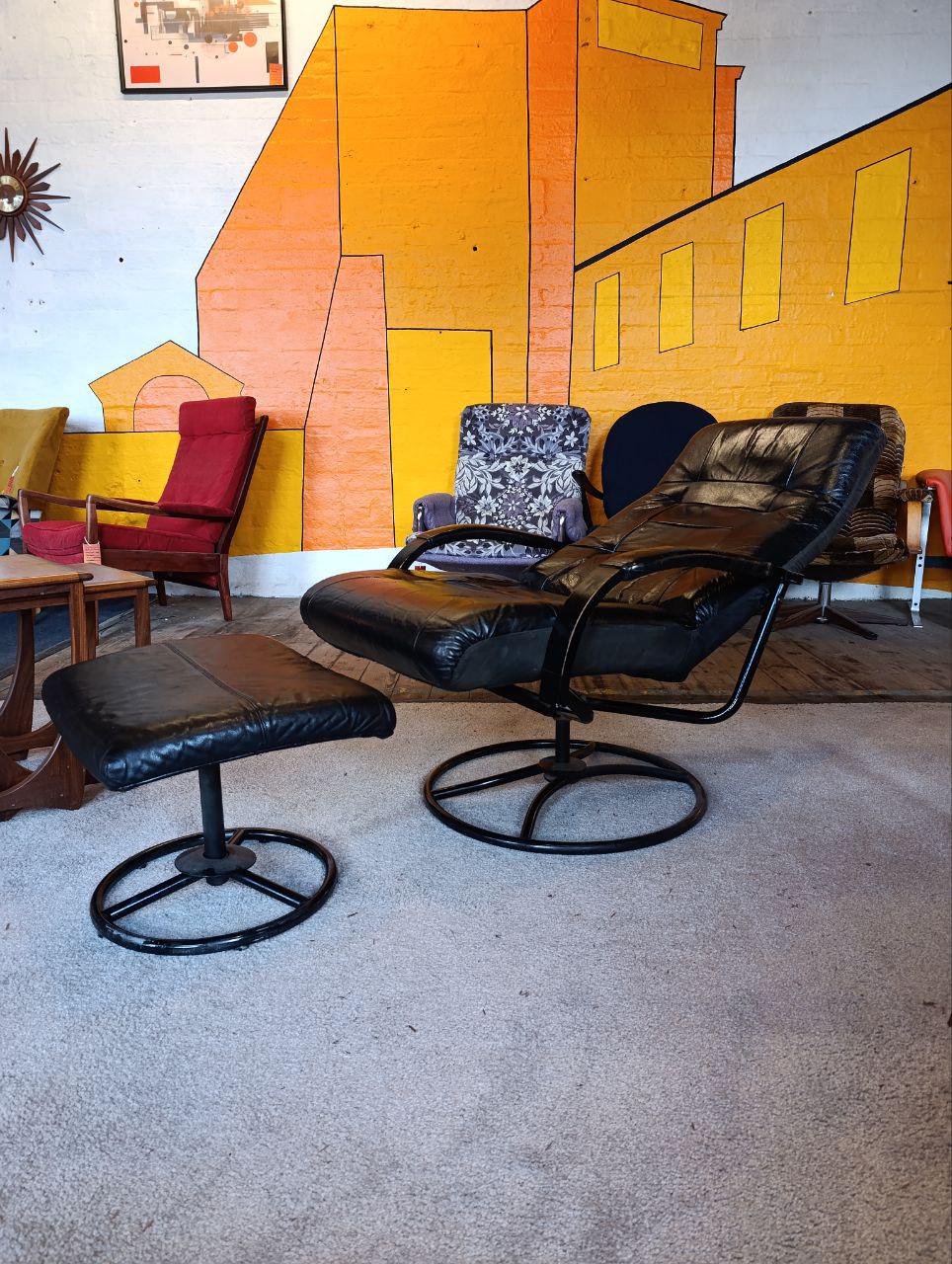 1980s Vintage Ekornes Leather Armchair and Footstool - Black, Recliner, Swivel, Norwegian Design
