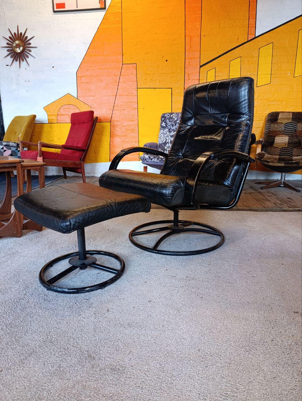 1980s Vintage Ekornes Leather Armchair and Footstool - Black, Recliner, Swivel, Norwegian Design
