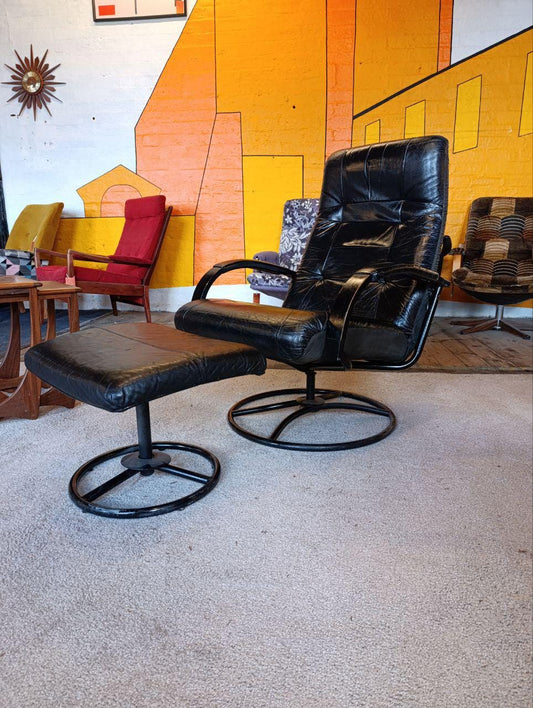 1980s Vintage Ekornes Leather Armchair and Footstool - Black, Recliner, Swivel, Norwegian Design