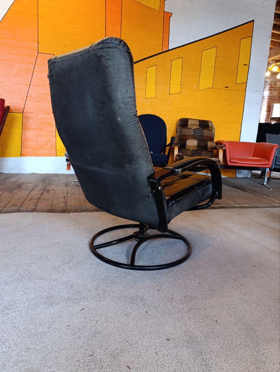 1980s Vintage Ekornes Leather Armchair and Footstool - Black, Recliner, Swivel, Norwegian Design