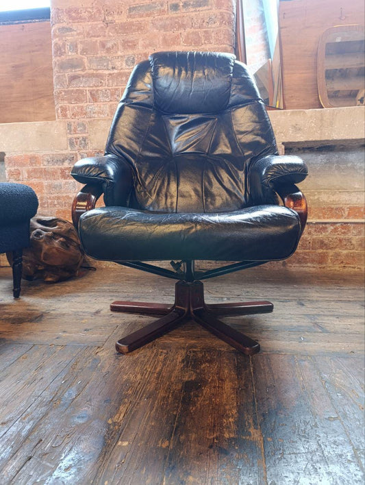 Vintage Unico Danish Stressless Leather Armchair - Dark Turquoise, Rosewood Frame, Mid-Century Modern