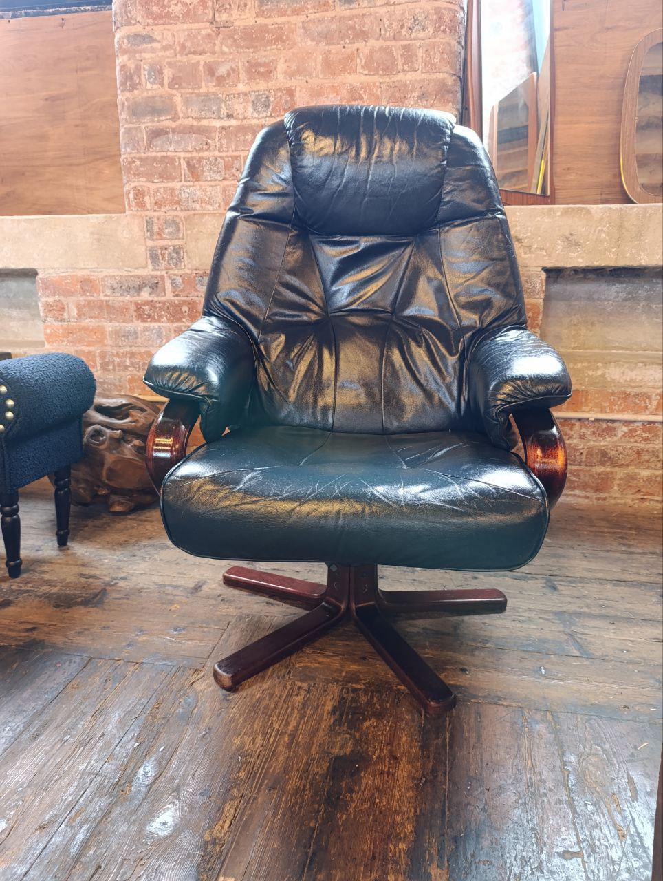 Vintage Unico Danish Stressless Leather Armchair - Dark Turquoise, Rosewood Frame, Mid-Century Modern