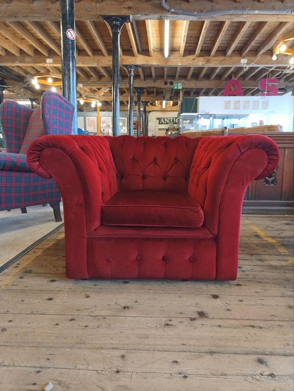 Victorian Chesterfield Armchair and Footstool - Red Velvet, Buttoned Back, Oak Queen Anne Legs