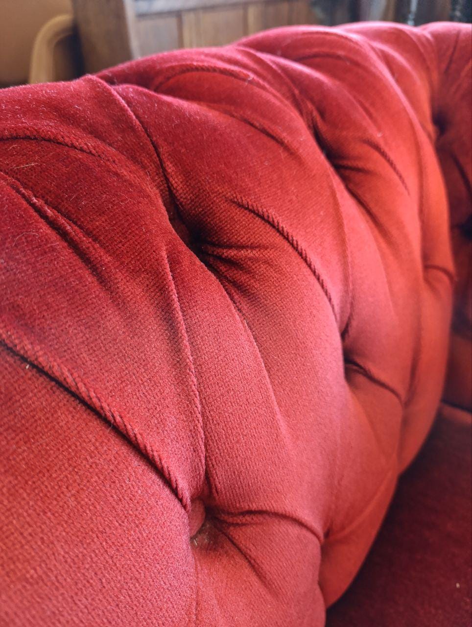 Victorian Chesterfield Armchair and Footstool - Red Velvet, Buttoned Back, Oak Queen Anne Legs