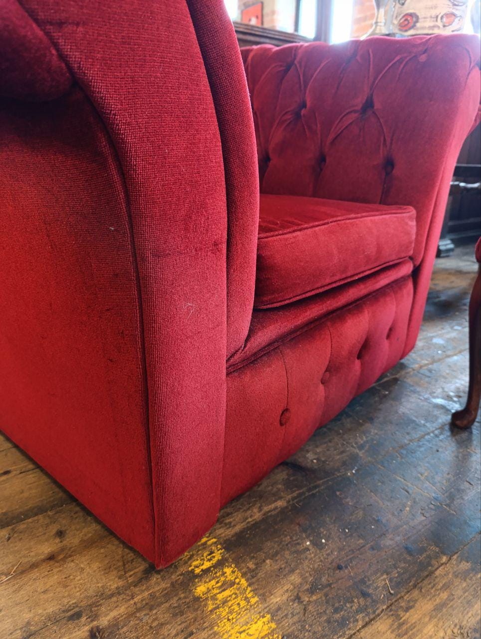 Victorian Chesterfield Armchair and Footstool - Red Velvet, Buttoned Back, Oak Queen Anne Legs