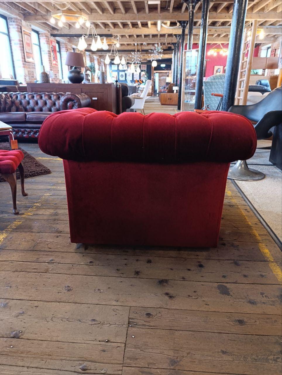 Victorian Chesterfield Armchair and Footstool - Red Velvet, Buttoned Back, Oak Queen Anne Legs