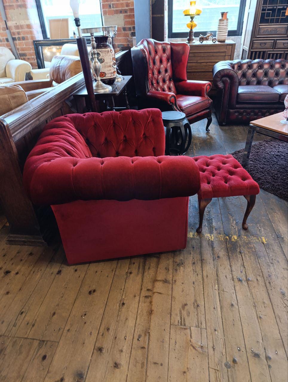 Victorian Chesterfield Armchair and Footstool - Red Velvet, Buttoned Back, Oak Queen Anne Legs