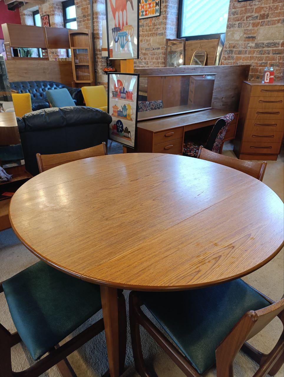 Mid Century Teak Drop-Leaf Dining Set - Table and 4 Portwood Chairs, Turtle Green Seats
