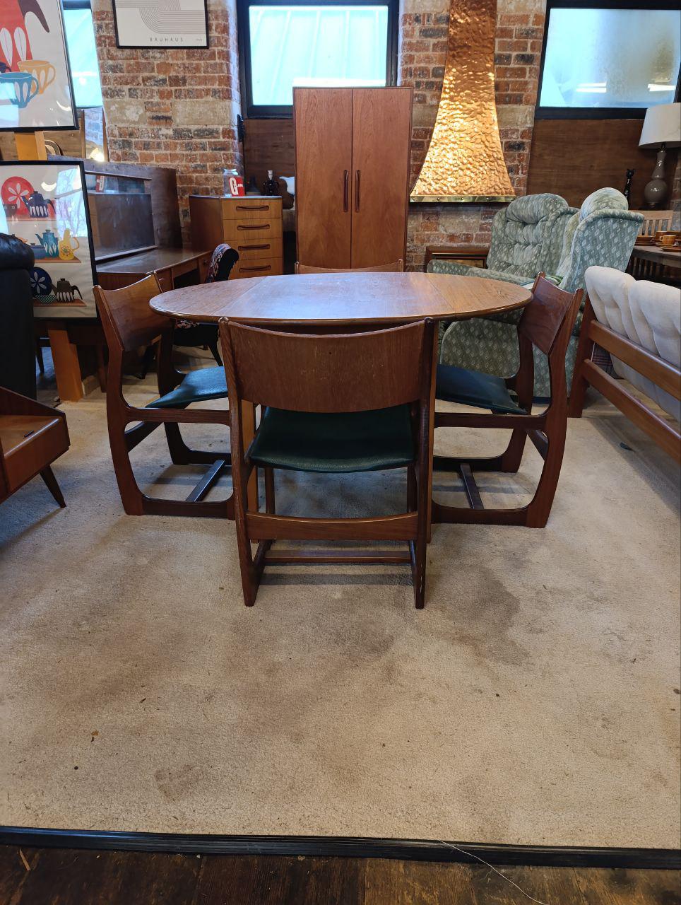 Mid Century Teak Drop-Leaf Dining Set - Table and 4 Portwood Chairs, Turtle Green Seats