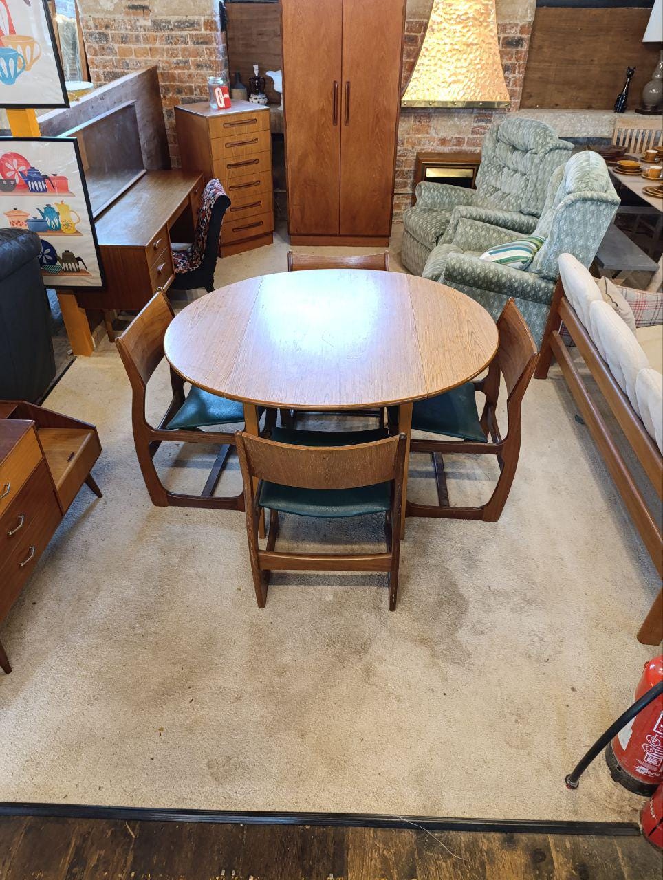Mid Century Teak Drop-Leaf Dining Set - Table and 4 Portwood Chairs, Turtle Green Seats
